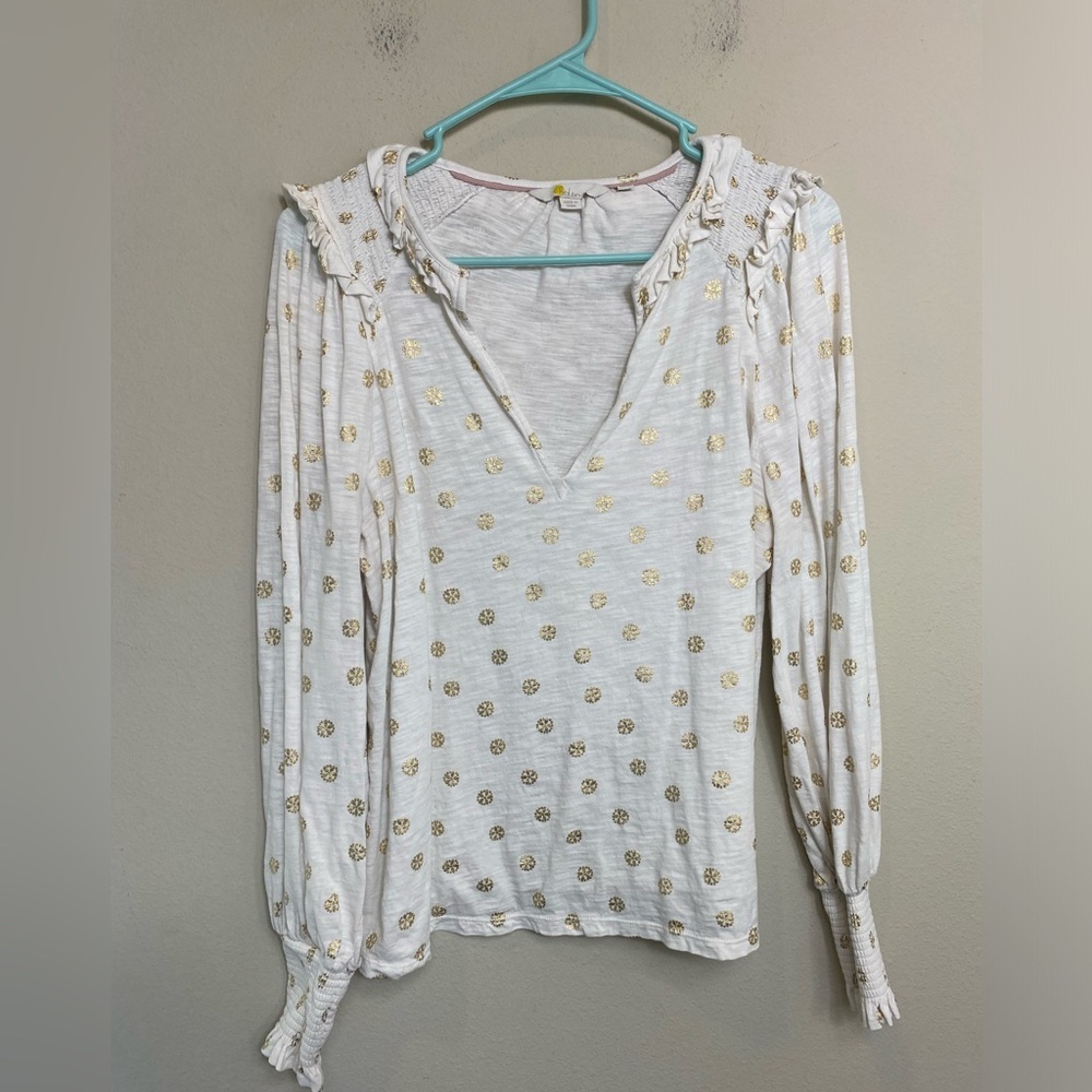 Boden White Long Sleeve V-Neck Top with Gold Dot Print